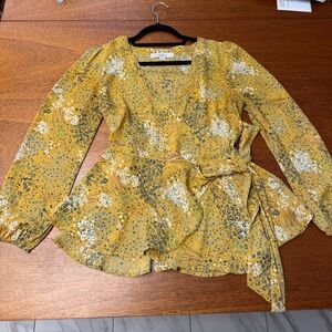 LOFT Mustard and Sky Blue Patterned Top